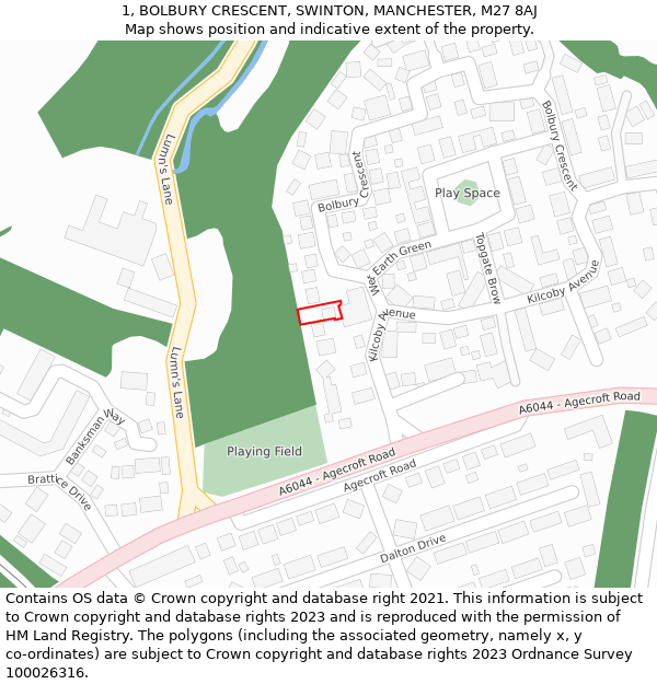 1, BOLBURY CRESCENT, SWINTON, MANCHESTER, M27 8AJ: Location map and indicative extent of plot