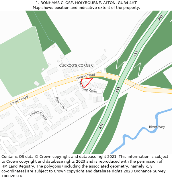 1, BONHAMS CLOSE, HOLYBOURNE, ALTON, GU34 4HT: Location map and indicative extent of plot