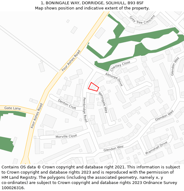 1, BONINGALE WAY, DORRIDGE, SOLIHULL, B93 8SF: Location map and indicative extent of plot