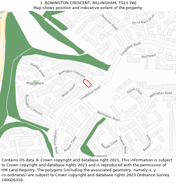 1, BONINGTON CRESCENT, BILLINGHAM, TS23 3WJ: Location map and indicative extent of plot