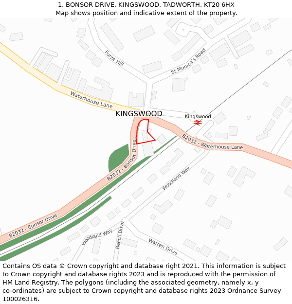 1, BONSOR DRIVE, KINGSWOOD, TADWORTH, KT20 6HX: Location map and indicative extent of plot