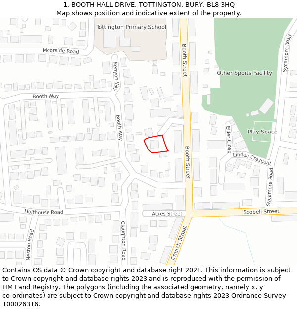 1, BOOTH HALL DRIVE, TOTTINGTON, BURY, BL8 3HQ: Location map and indicative extent of plot