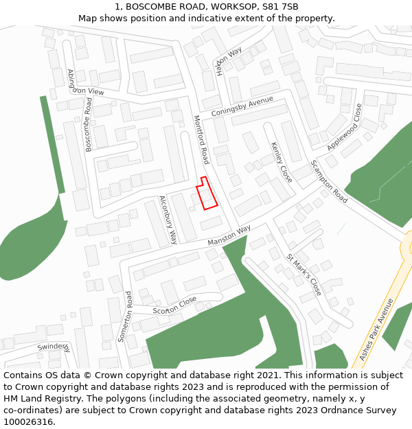 1, BOSCOMBE ROAD, WORKSOP, S81 7SB: Location map and indicative extent of plot