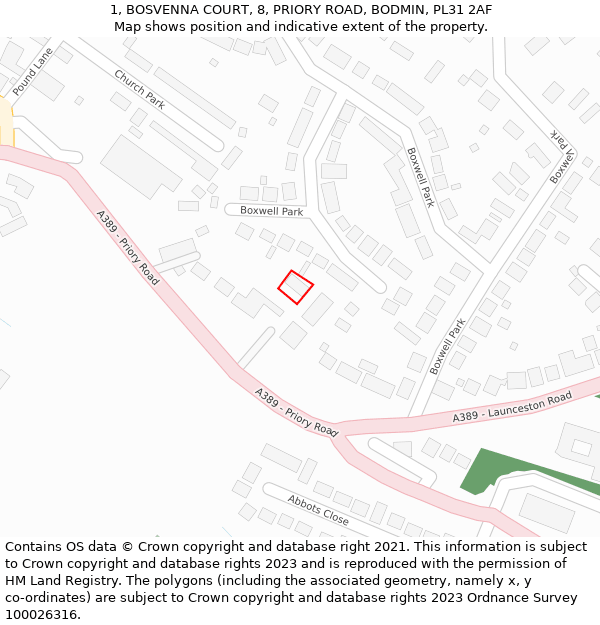 1, BOSVENNA COURT, 8, PRIORY ROAD, BODMIN, PL31 2AF: Location map and indicative extent of plot