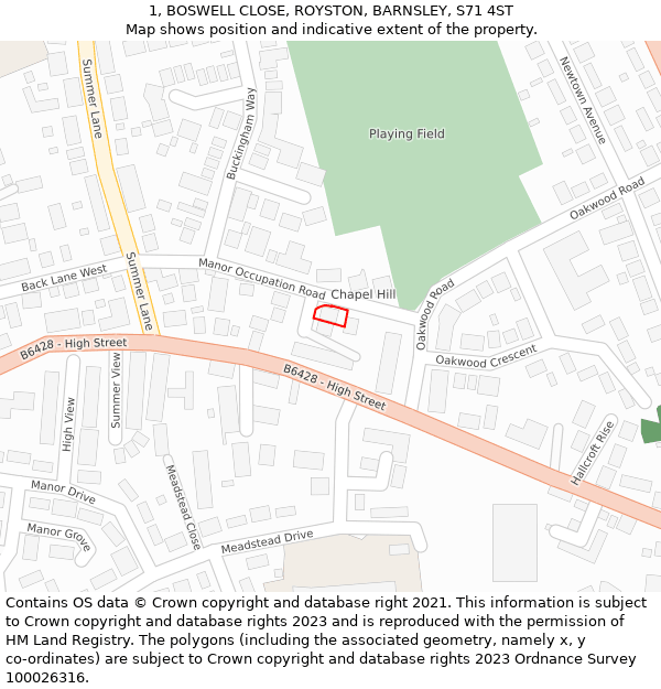 1, BOSWELL CLOSE, ROYSTON, BARNSLEY, S71 4ST: Location map and indicative extent of plot