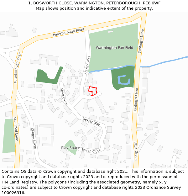 1, BOSWORTH CLOSE, WARMINGTON, PETERBOROUGH, PE8 6WF: Location map and indicative extent of plot