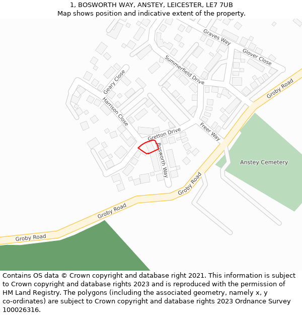 1, BOSWORTH WAY, ANSTEY, LEICESTER, LE7 7UB: Location map and indicative extent of plot