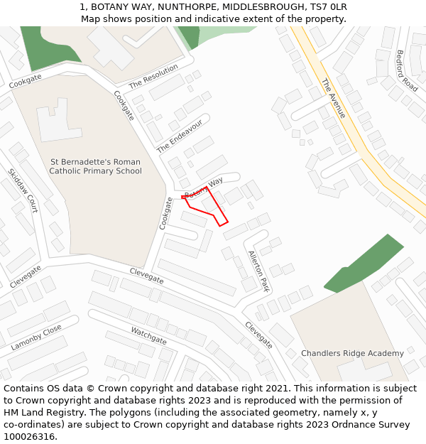 1, BOTANY WAY, NUNTHORPE, MIDDLESBROUGH, TS7 0LR: Location map and indicative extent of plot