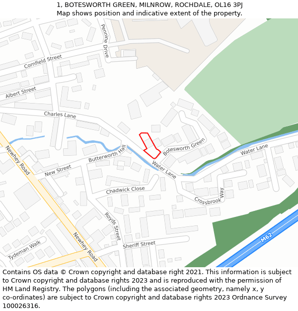 1, BOTESWORTH GREEN, MILNROW, ROCHDALE, OL16 3PJ: Location map and indicative extent of plot