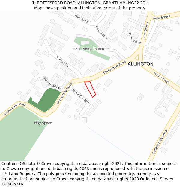 1, BOTTESFORD ROAD, ALLINGTON, GRANTHAM, NG32 2DH: Location map and indicative extent of plot