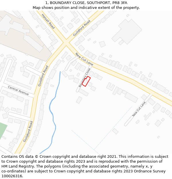 1, BOUNDARY CLOSE, SOUTHPORT, PR8 3FA: Location map and indicative extent of plot