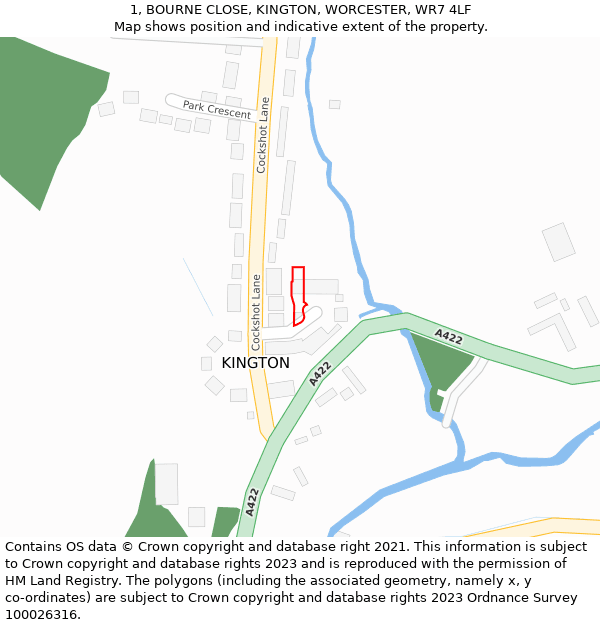 1, BOURNE CLOSE, KINGTON, WORCESTER, WR7 4LF: Location map and indicative extent of plot