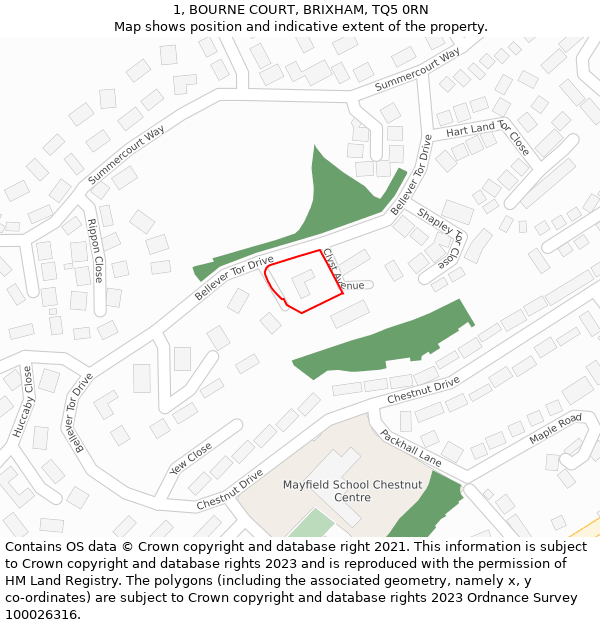 1, BOURNE COURT, BRIXHAM, TQ5 0RN: Location map and indicative extent of plot