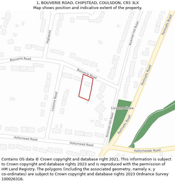 1, BOUVERIE ROAD, CHIPSTEAD, COULSDON, CR5 3LX: Location map and indicative extent of plot