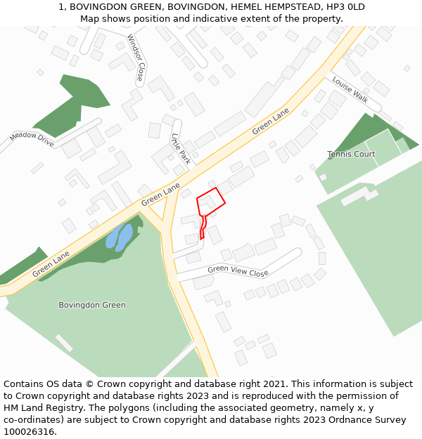 1, BOVINGDON GREEN, BOVINGDON, HEMEL HEMPSTEAD, HP3 0LD: Location map and indicative extent of plot