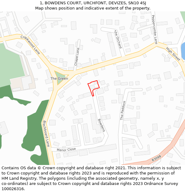 1, BOWDENS COURT, URCHFONT, DEVIZES, SN10 4SJ: Location map and indicative extent of plot