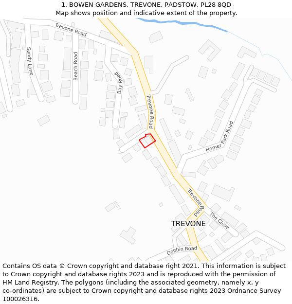 1, BOWEN GARDENS, TREVONE, PADSTOW, PL28 8QD: Location map and indicative extent of plot