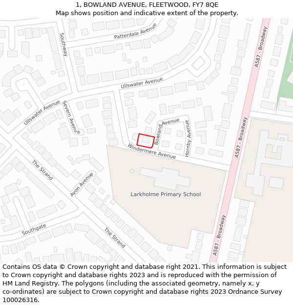 1, BOWLAND AVENUE, FLEETWOOD, FY7 8QE: Location map and indicative extent of plot