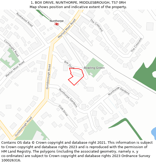 1, BOX DRIVE, NUNTHORPE, MIDDLESBROUGH, TS7 0RH: Location map and indicative extent of plot