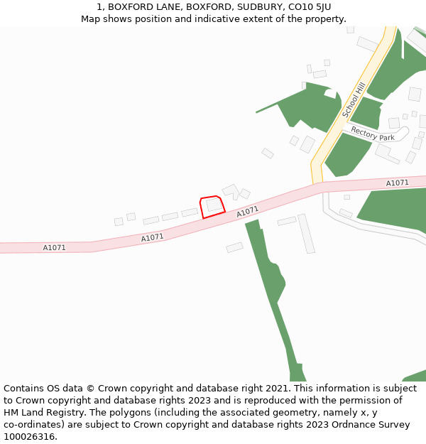 1, BOXFORD LANE, BOXFORD, SUDBURY, CO10 5JU: Location map and indicative extent of plot