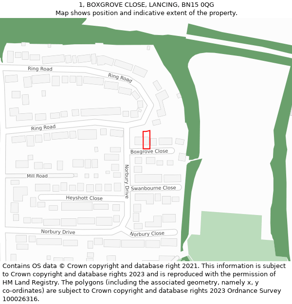 1, BOXGROVE CLOSE, LANCING, BN15 0QG: Location map and indicative extent of plot