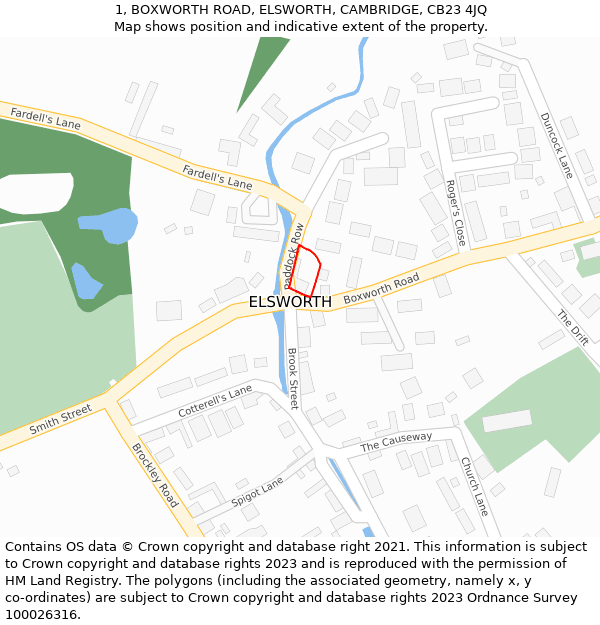 1, BOXWORTH ROAD, ELSWORTH, CAMBRIDGE, CB23 4JQ: Location map and indicative extent of plot
