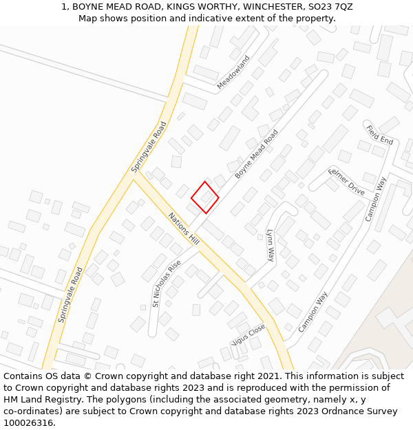 1, BOYNE MEAD ROAD, KINGS WORTHY, WINCHESTER, SO23 7QZ: Location map and indicative extent of plot