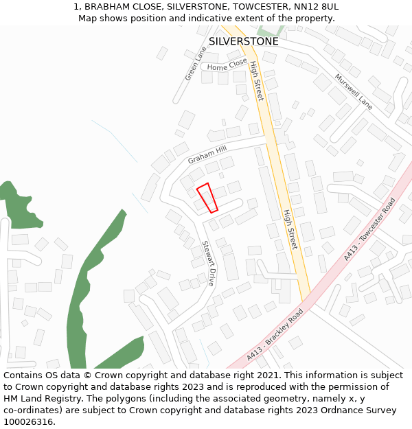 1, BRABHAM CLOSE, SILVERSTONE, TOWCESTER, NN12 8UL: Location map and indicative extent of plot