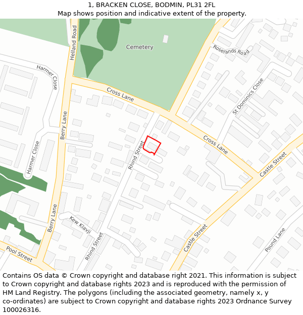 1, BRACKEN CLOSE, BODMIN, PL31 2FL: Location map and indicative extent of plot