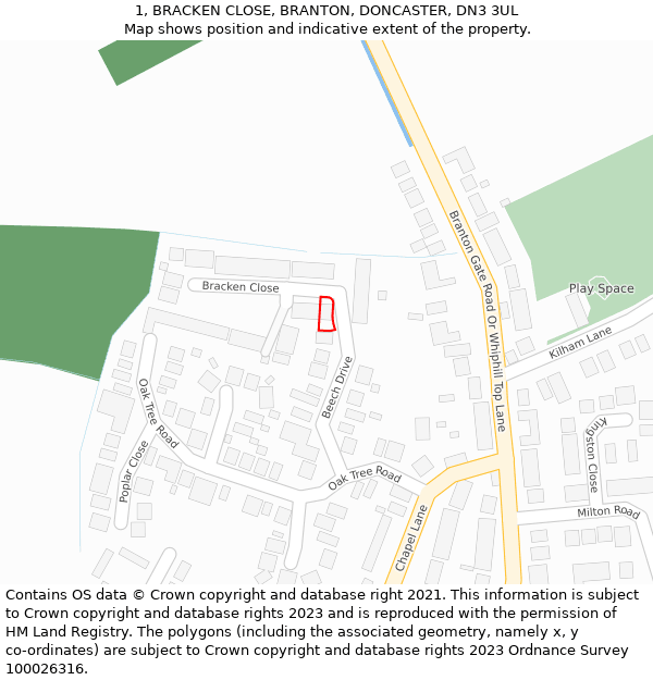 1, BRACKEN CLOSE, BRANTON, DONCASTER, DN3 3UL: Location map and indicative extent of plot