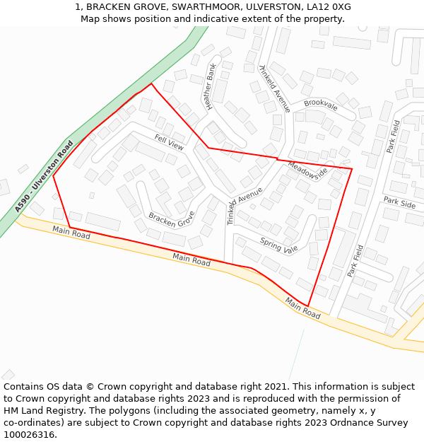 1, BRACKEN GROVE, SWARTHMOOR, ULVERSTON, LA12 0XG: Location map and indicative extent of plot