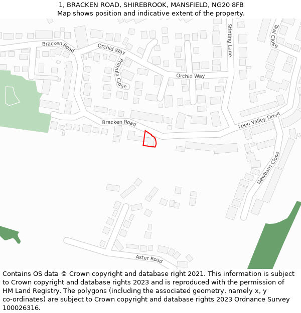 1, BRACKEN ROAD, SHIREBROOK, MANSFIELD, NG20 8FB: Location map and indicative extent of plot