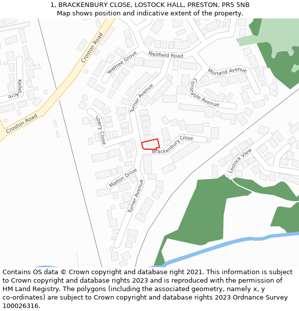 1, BRACKENBURY CLOSE, LOSTOCK HALL, PRESTON, PR5 5NB: Location map and indicative extent of plot