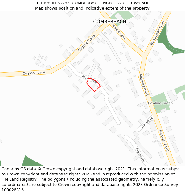 1, BRACKENWAY, COMBERBACH, NORTHWICH, CW9 6QF: Location map and indicative extent of plot