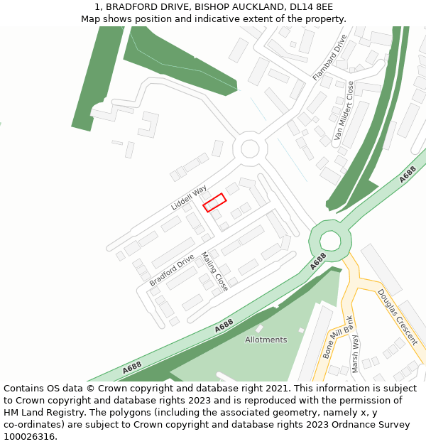 1, BRADFORD DRIVE, BISHOP AUCKLAND, DL14 8EE: Location map and indicative extent of plot