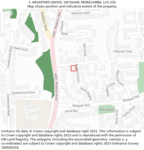 1, BRADFORD GROVE, HEYSHAM, MORECAMBE, LA3 2SS: Location map and indicative extent of plot