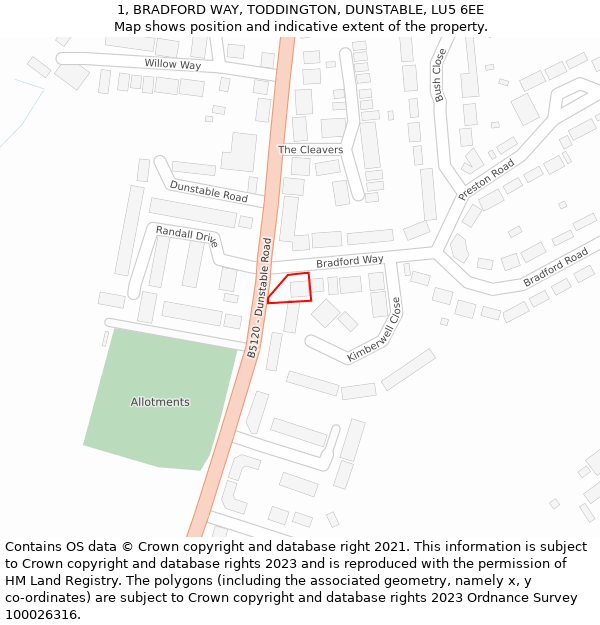 1, BRADFORD WAY, TODDINGTON, DUNSTABLE, LU5 6EE: Location map and indicative extent of plot