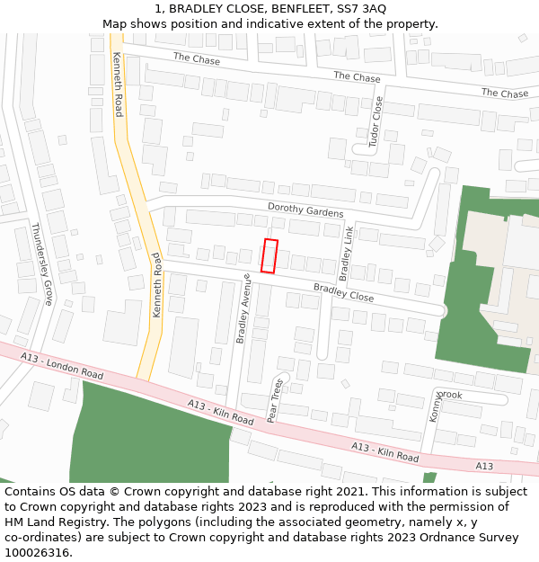 1, BRADLEY CLOSE, BENFLEET, SS7 3AQ: Location map and indicative extent of plot