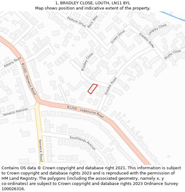 1, BRADLEY CLOSE, LOUTH, LN11 8YL: Location map and indicative extent of plot