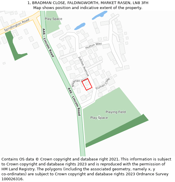 1, BRADMAN CLOSE, FALDINGWORTH, MARKET RASEN, LN8 3FH: Location map and indicative extent of plot