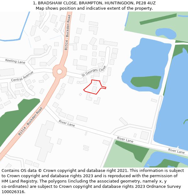 1, BRADSHAW CLOSE, BRAMPTON, HUNTINGDON, PE28 4UZ: Location map and indicative extent of plot