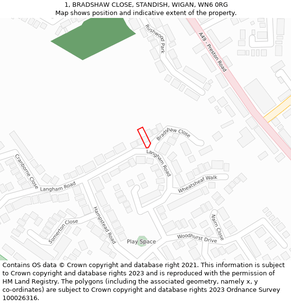 1, BRADSHAW CLOSE, STANDISH, WIGAN, WN6 0RG: Location map and indicative extent of plot