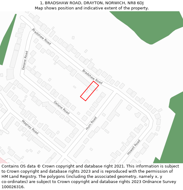 1, BRADSHAW ROAD, DRAYTON, NORWICH, NR8 6DJ: Location map and indicative extent of plot