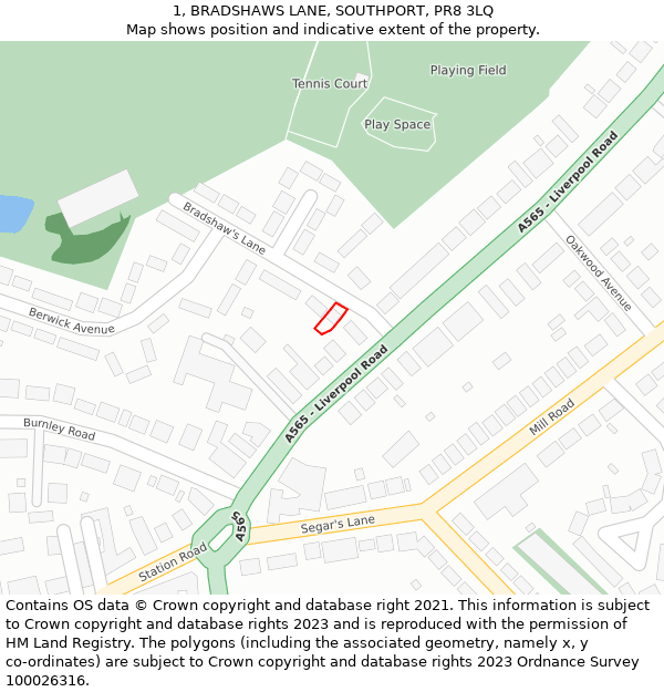 1, BRADSHAWS LANE, SOUTHPORT, PR8 3LQ: Location map and indicative extent of plot