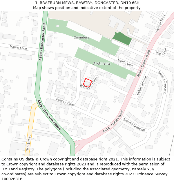 1, BRAEBURN MEWS, BAWTRY, DONCASTER, DN10 6SH: Location map and indicative extent of plot