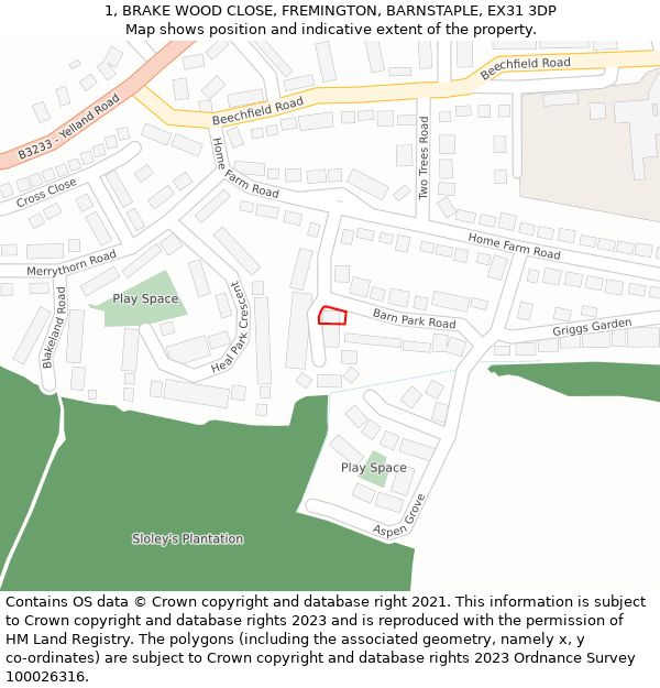 1, BRAKE WOOD CLOSE, FREMINGTON, BARNSTAPLE, EX31 3DP: Location map and indicative extent of plot