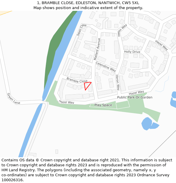 1, BRAMBLE CLOSE, EDLESTON, NANTWICH, CW5 5XL: Location map and indicative extent of plot