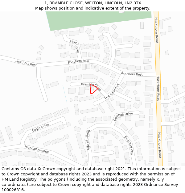 1, BRAMBLE CLOSE, WELTON, LINCOLN, LN2 3TX: Location map and indicative extent of plot