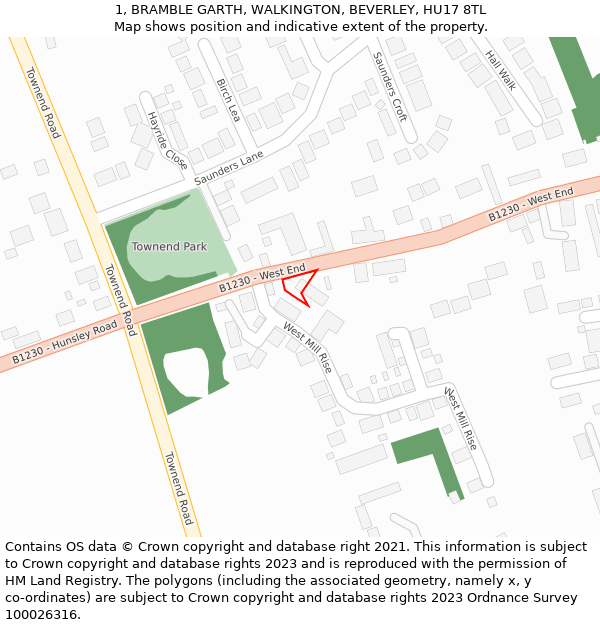1, BRAMBLE GARTH, WALKINGTON, BEVERLEY, HU17 8TL: Location map and indicative extent of plot