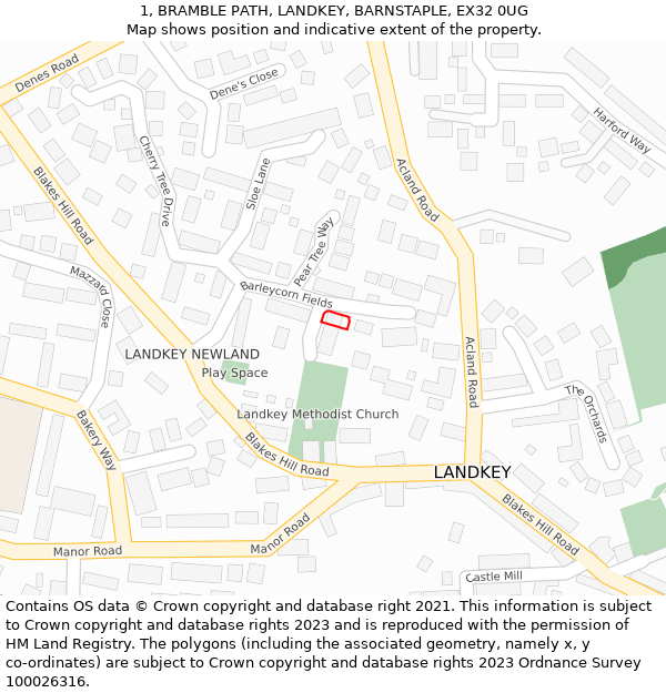 1, BRAMBLE PATH, LANDKEY, BARNSTAPLE, EX32 0UG: Location map and indicative extent of plot